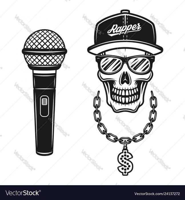 Rapper skull in snapback with chain and microphone